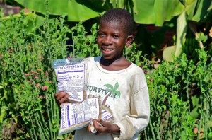 a boy holding " Impact Lives" Bags full of food