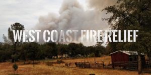 Graphic of a farm with smoke rising from the forest in the back with the words West Coast Fire Relief